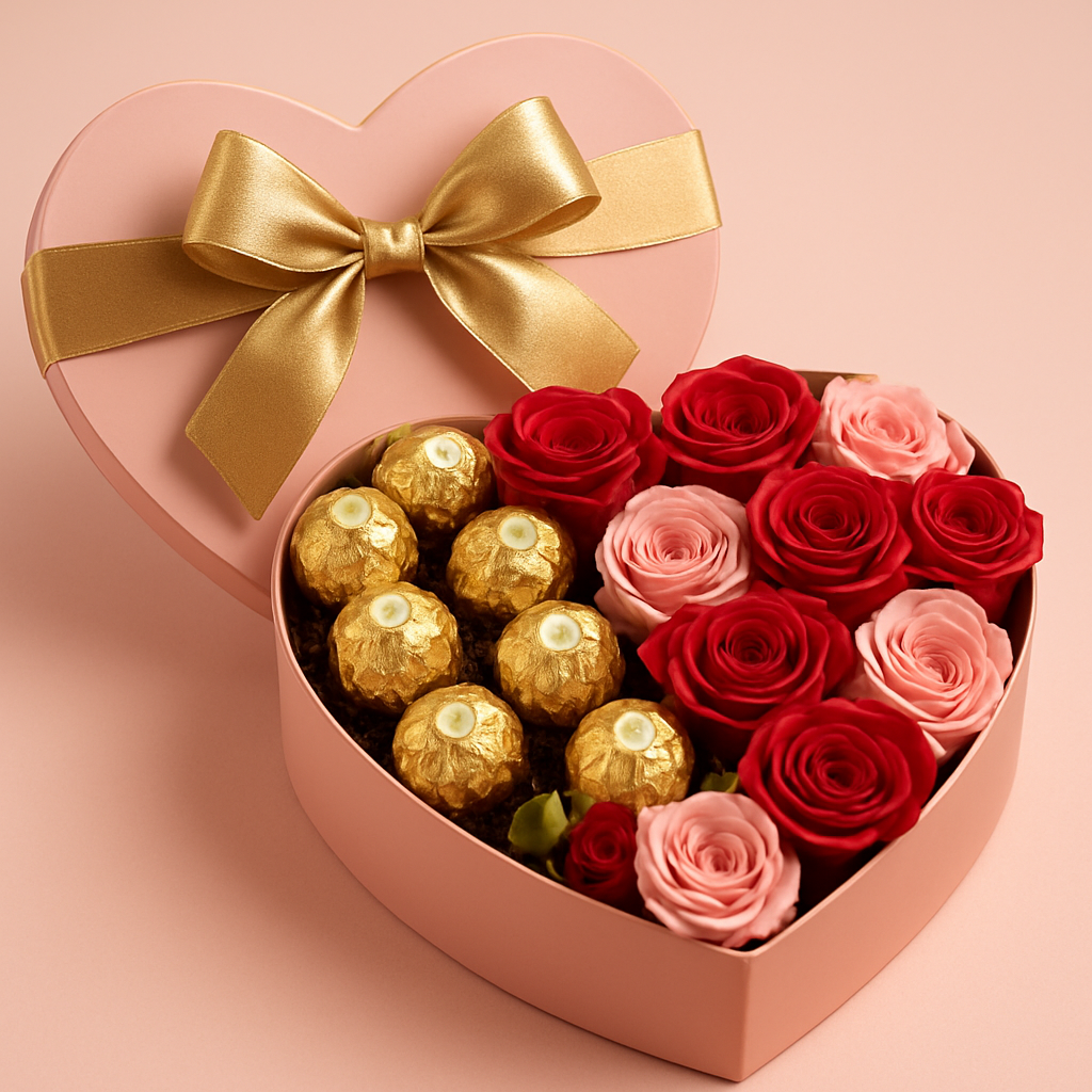 Heart shaped rose and chocolate hamper